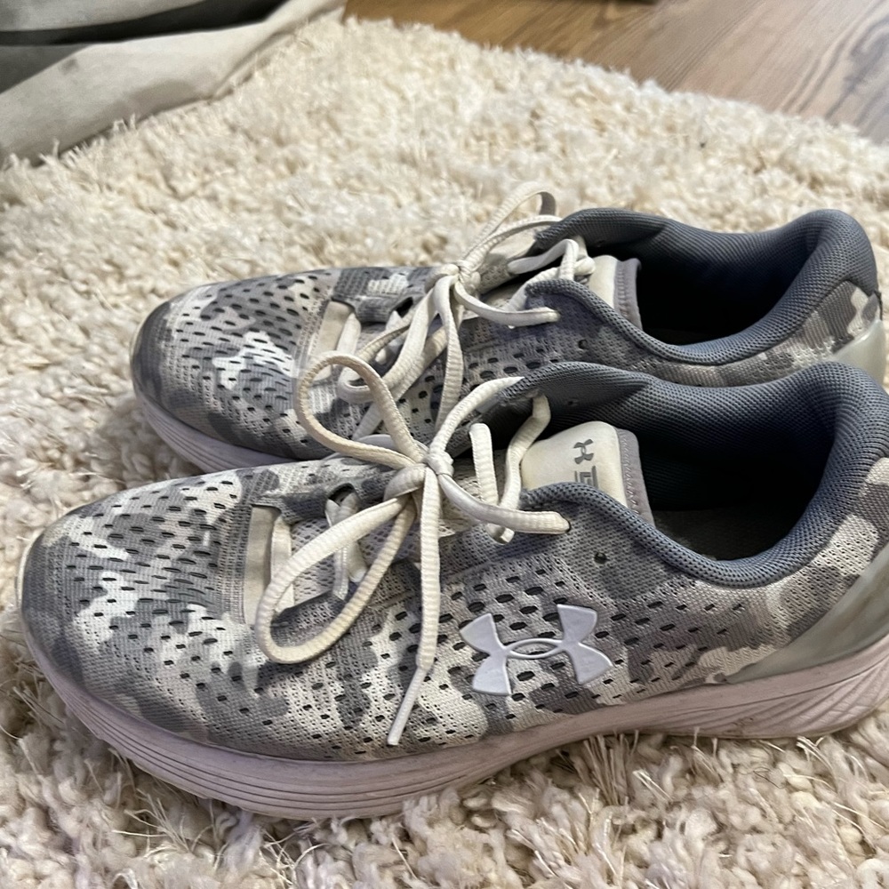 Under armor grey and white running shoes